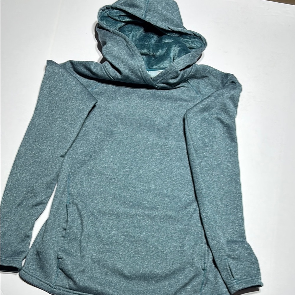 Athletic Works Aqua Green Long Sleeve Sweatshirt Fuzzy Hood Lining Thumb Holes.